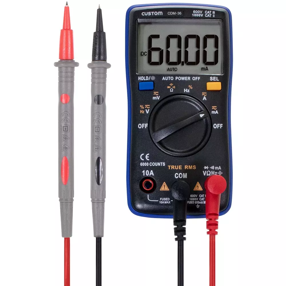 CUSTOM Digital Multimeter 2 xAAA batteries Power Supply Instruction manual, test leads Included Components, CDM-36