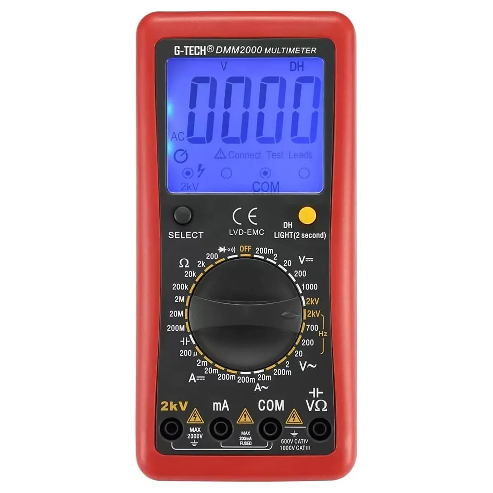 G-Tech Digital Multimeter Kit 2000 V AC/DC Battery Powered Black 3 ½ Digit for Testing & Measuring Use, DMM 2000