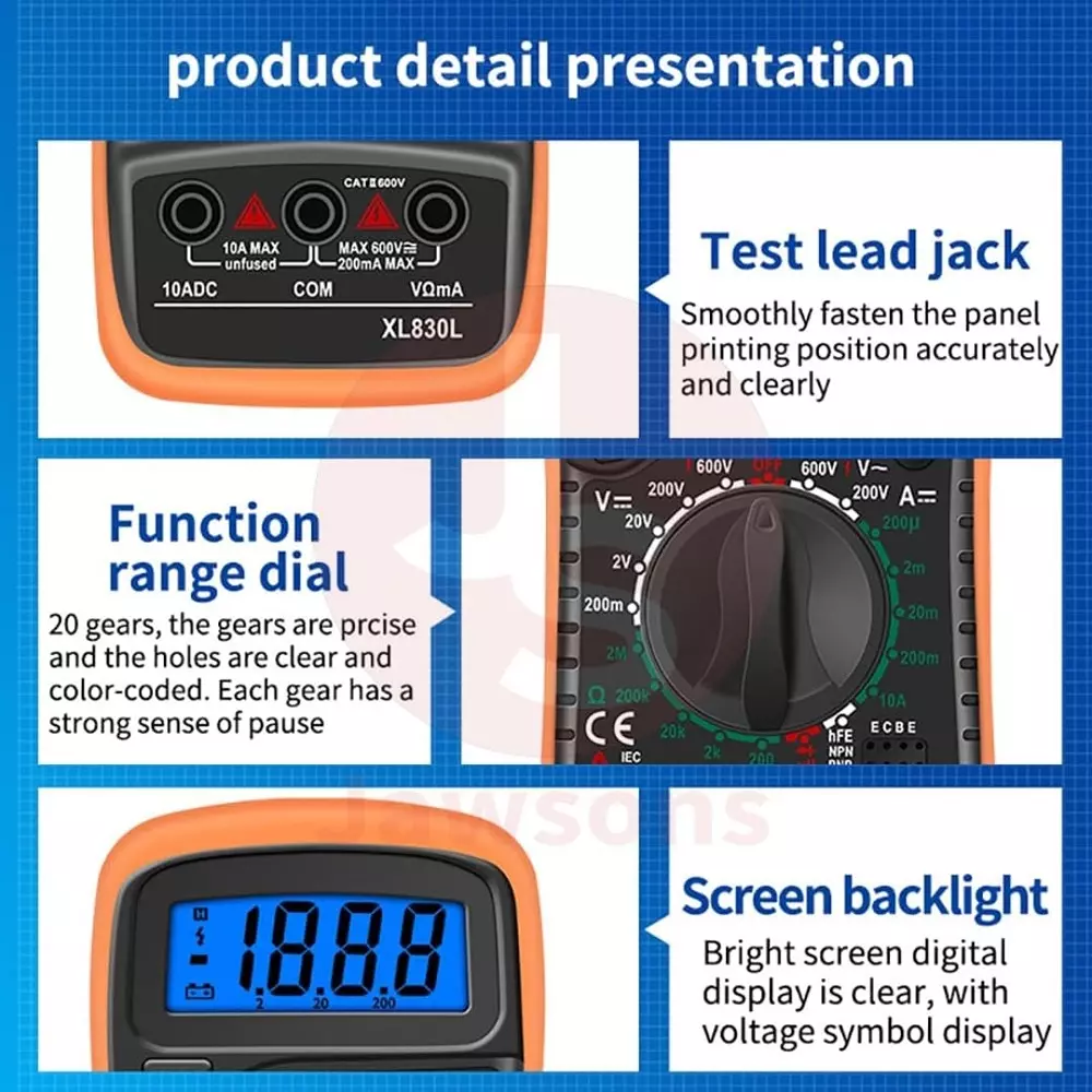 Jawsons Multi-Function Digital Multimeter 500 mA/250 V Fuse Protection with Backlit LCD Display, XL830L