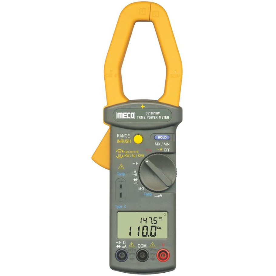 MECO Clamp-On TRMS Power Meter with Autoranging, 99.99 to 999.9 A AC Current and 99.99 to 600.0 kW True Power, 3510 PHW (WITH ADAPTOR)