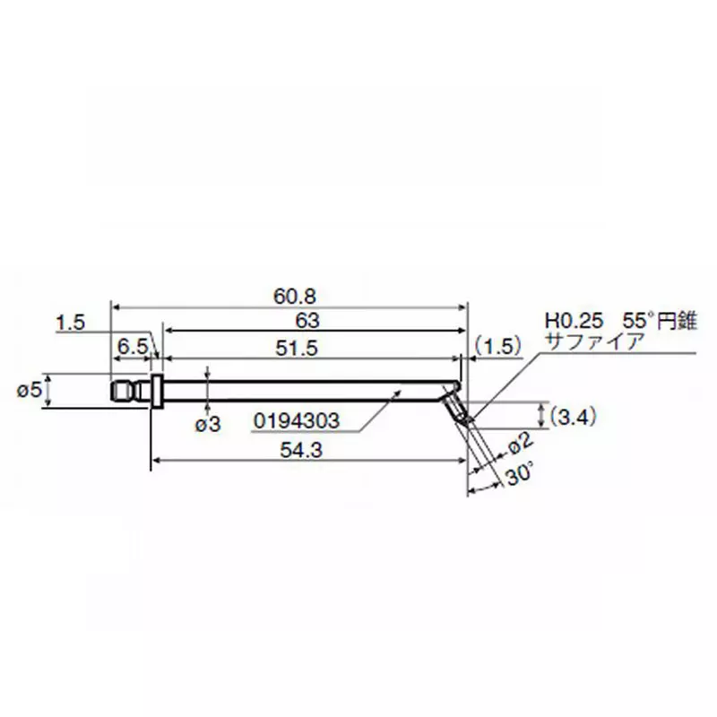 TOKYO SEIMITSU Measuring Probe 2Φ/R0.25 mm, 55° conical sapphire/L type, 0194 205