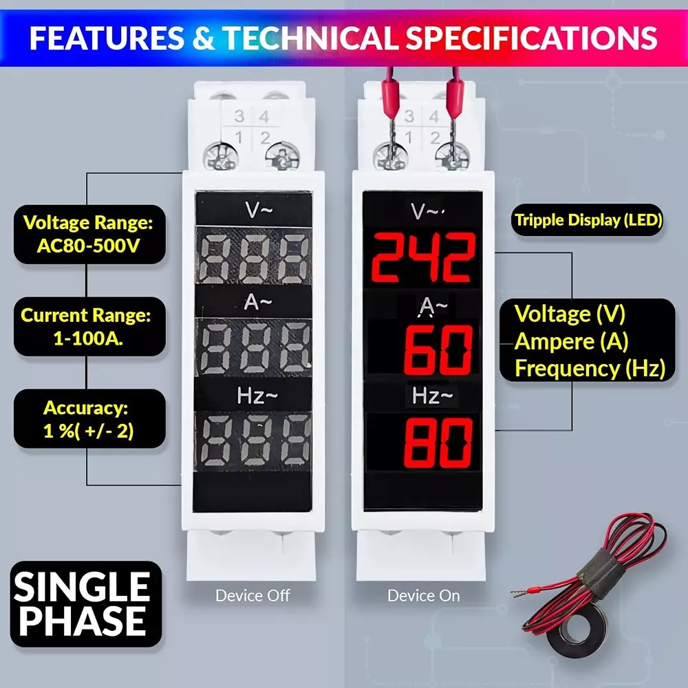 amiciSense 3 In 1 Voltage Tester With External Ct And 35Mm Din Rail Mount 100 A 1- 100 A