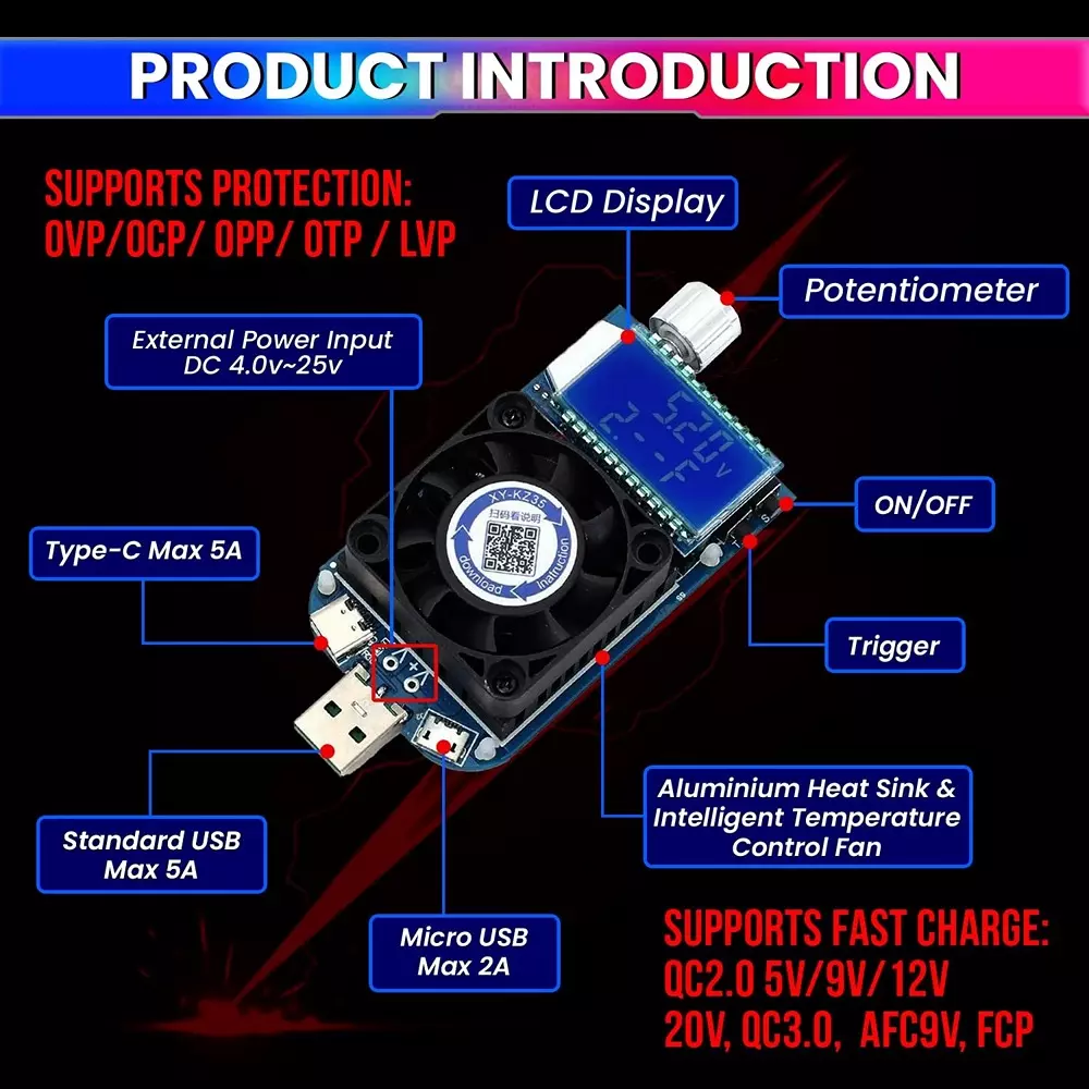 amiciSense Voltage Capacity Tester with QC2.0/QC3.0 Fast Charge Trigger 35 W 8000 RPM DC 4.0 V- 25 V