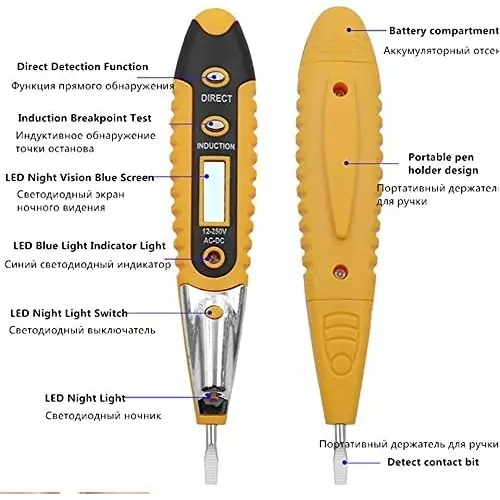 ATOZSHOP11 Voltage Tester Pen Yellow & Black LCD Digital Display with LED Light C/DC 12–250V (Contact), AC 90–1000V (Non-Contact)