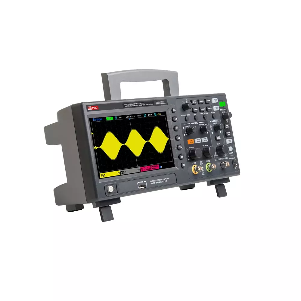 RS PRO Bench Digital Oscilloscope 318 mm Mains 150 mm 150 mHz UKAS 1 mΩ ±1%, 20pf ±3pF, 2683145