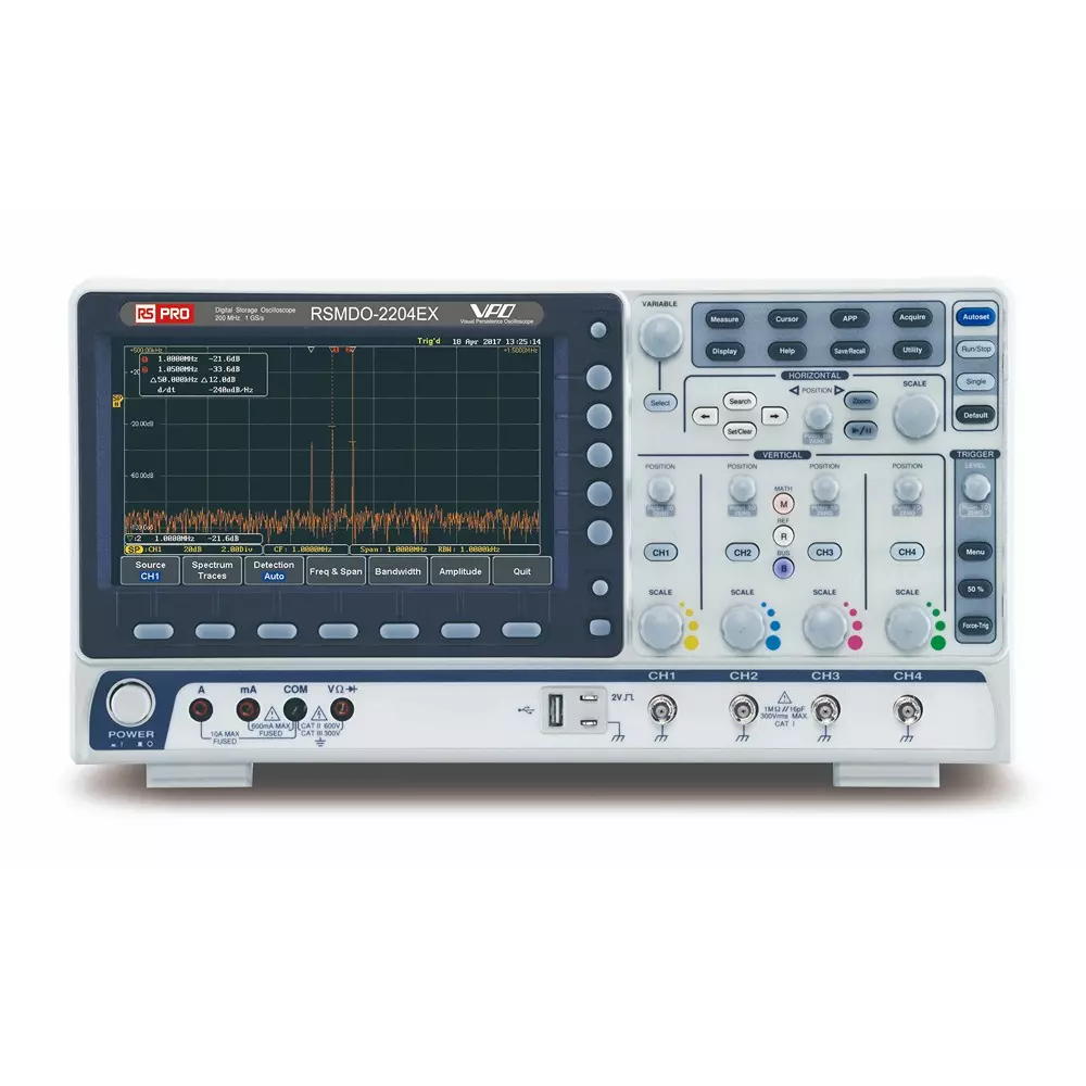 RS PRO Oscilloscope 200 mHz Bandwidth 4 Channels 203.2 mm Screen 10 Mpts Memory Bench Mixed Domain, 2806481