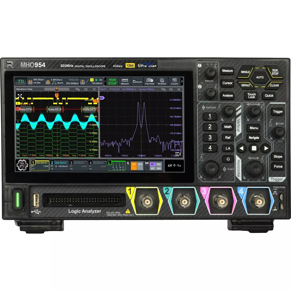 Rigol Digital Oscilloscope Vertical resolution: 12 bit Resolution 500 Frequency Band (MHz) 4 CH/Digital 16 (Optional), MHO954