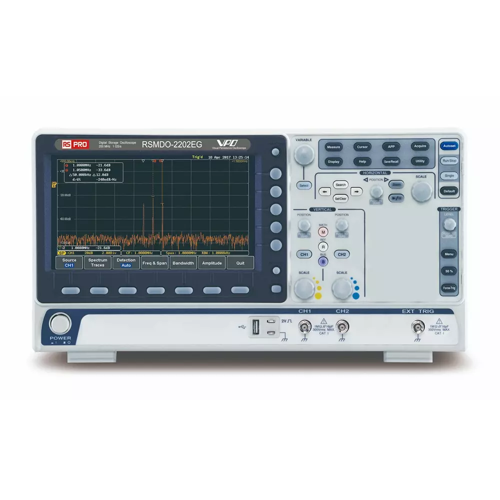 RS PRO Oscilloscope 200 mHz Bandwidth 2 Channels 203.2 mm Screen 10 Mpts Memory Bench Mixed Domain, 2806471