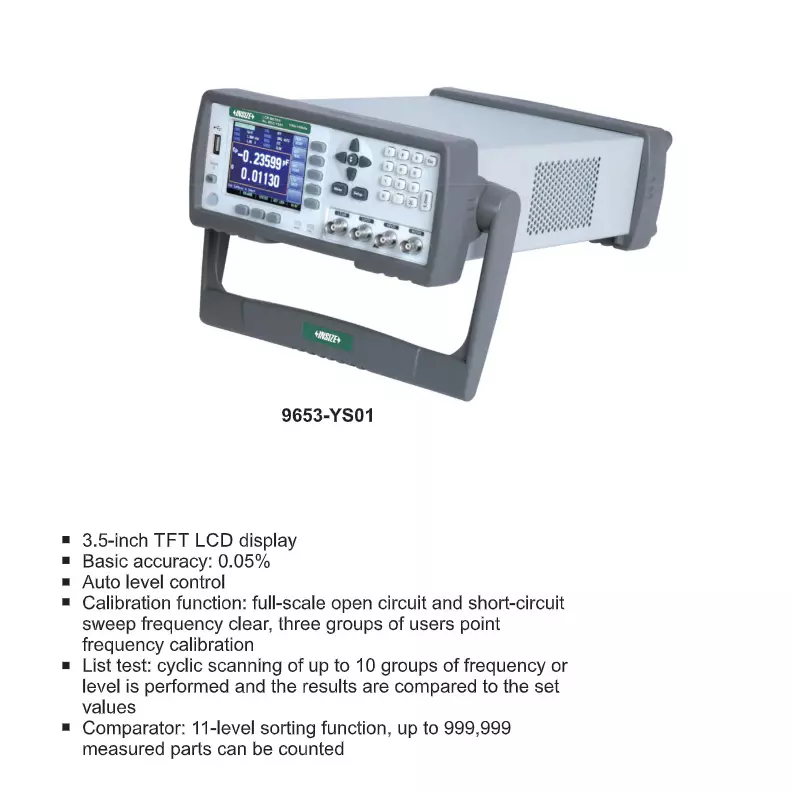 insize-lcr-meter-with-35-inch-889-mm-tft-lcd-display-auto-manual-nominal-9-level-of-ranges-range-and-005-basic-accuracy-9653-ys02