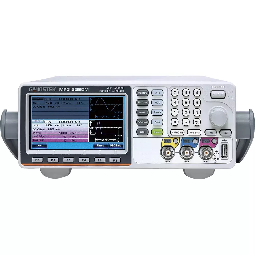 Gw Instek Function Generator (Maximum) Sine wave: 60 MHz, Square wave: 25 MHz, Ramp/Triangle wave: 1 MHz, MFG-2260MRA