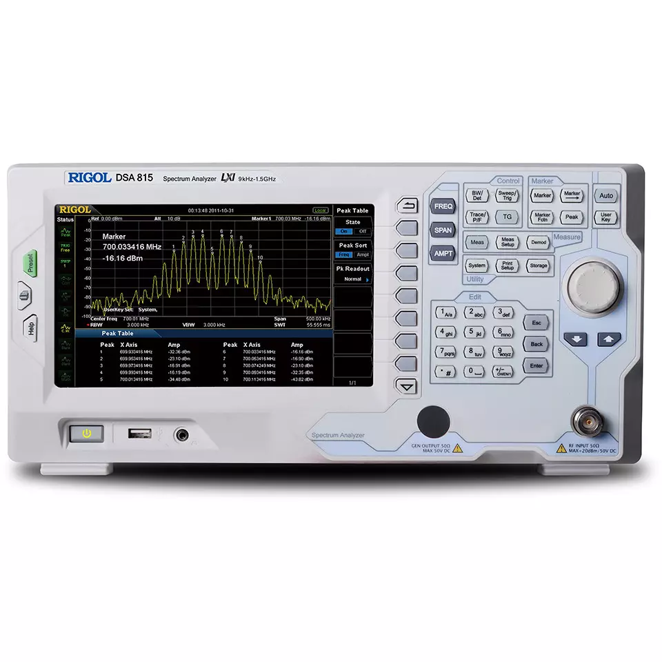Rigol Spectrum Analyzer -161 dBm minimum displayed average noise level (DANL), minimum <-98 dBc/Hz @ 10 kHz offset, DSA815