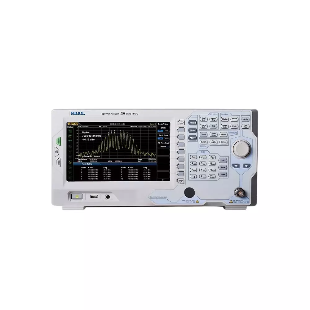 Rigol Spectrum Analyzer -161 dBm minimum displayed average noise level (DANL), minimum <-98 dBc/Hz @ 10 kHz offset, DSA875
