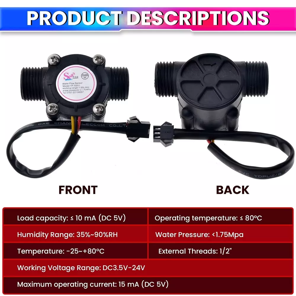 amiciSense G1/2 Water Flow Meter Sensor 1-30L/min Testing Range <1.75Mpa Water Pressure