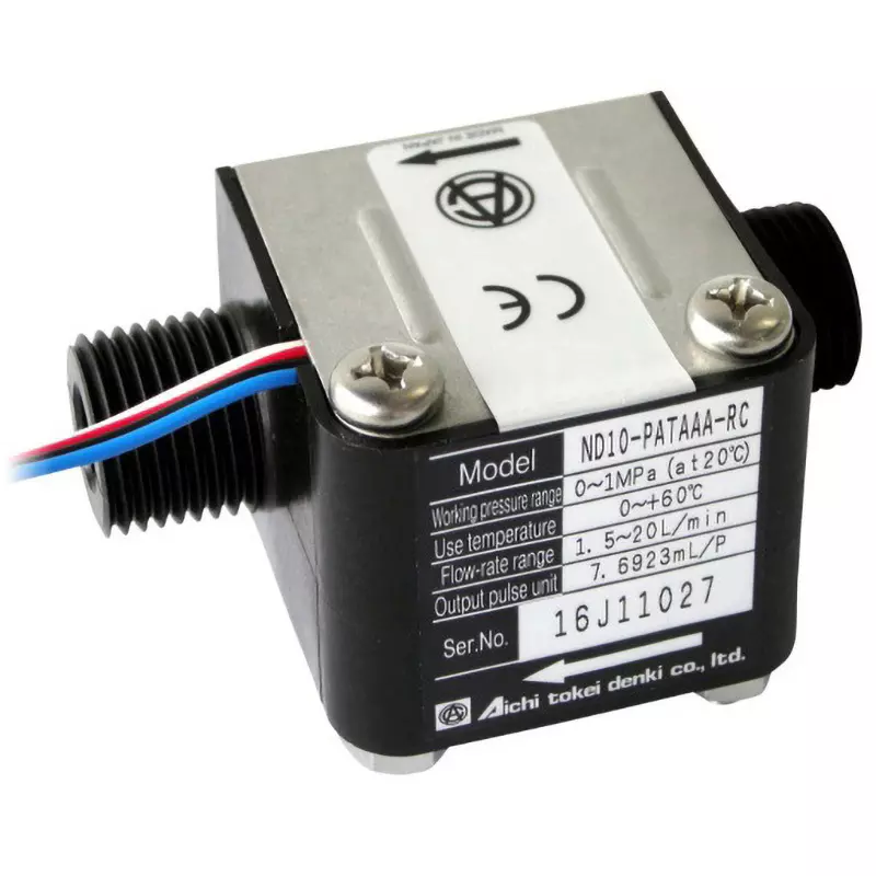 Aichi Tokei Denki Flow Sensor NPN open collector pulse maximum load 24 VDC 6 mADC, duty ratio 3:7<ON:OFF<7:3, ND05-PATAAC