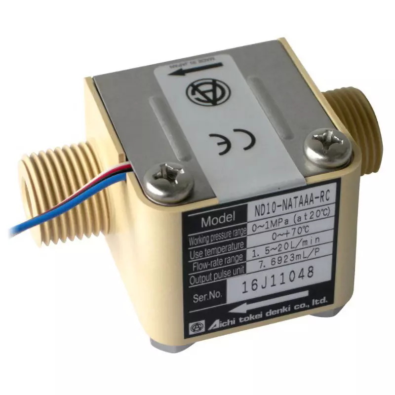 Aichi Tokei Denki Flow Sensor NPN open collector pulse maximum load 24 VDC 6 mADC, duty ratio 3:7<ON:OFF<7:3, ND05-NATAAC