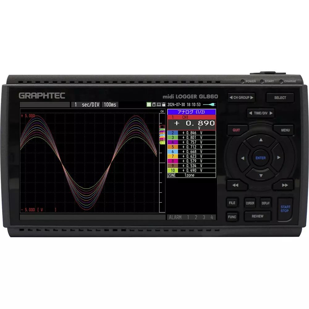 Graphtec Multi-Channel Data Logger Voltage: 20, 50, 100, 200, 500 mV, 1, 2, 5, 10, 20, 50 V, 100 V, 1-5 V/FS;, GL860