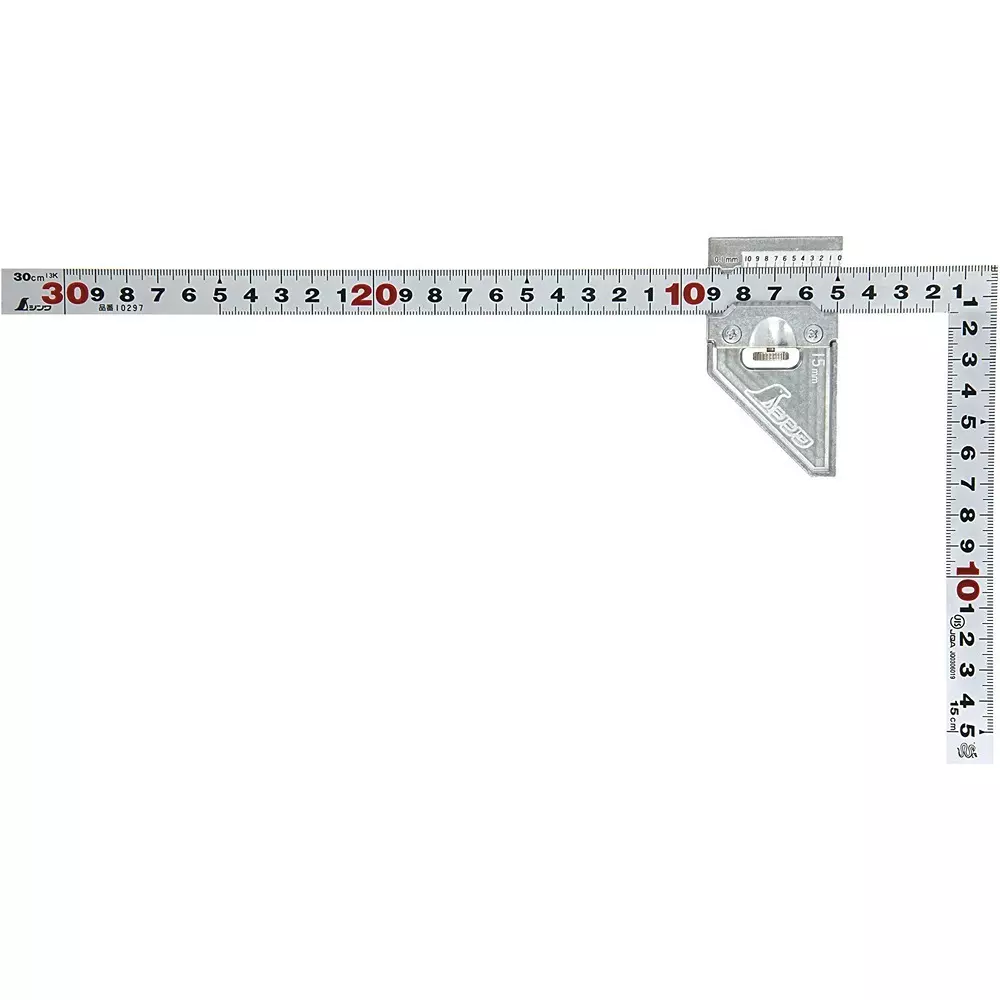 Shinwa Rules Flat Silver Curved Metal Square Scale With Metal Stopper, Attachable Both Front & Back 385x195x15 mm, 12483