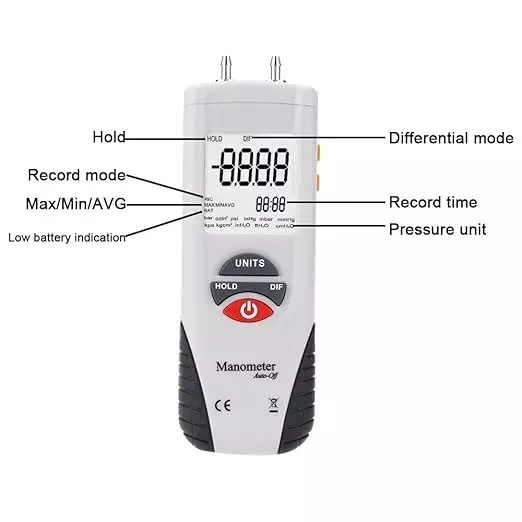 HSETIN Digital Manometer with ±100 PSI Pressure Range and 0 to 50ºC Operating Temperature, HT-1895