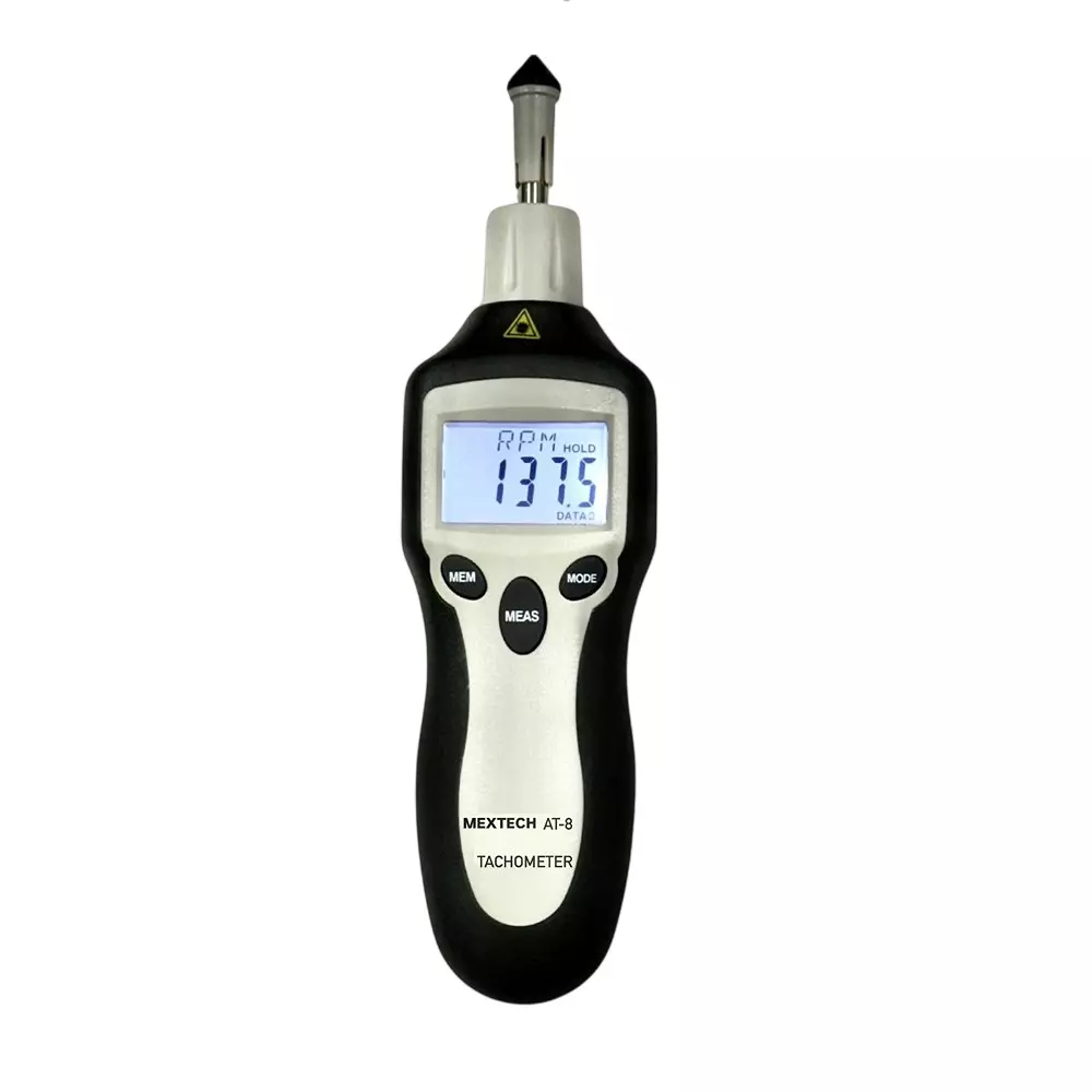 MEXTECH Tachometer 5 Digit LCD Contact and Non-Contact 1 – 99,999 RPM TOT Range ±(0.05% + 1 Digit) Accuracy, AT8