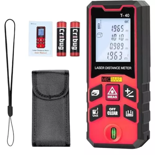 MECRAAF Laser Distance Meter with Battery 0.03–40 m Range Backlit LCD, Multi-line Display Polyvinyl Chloride (PVC) ±1.5–2 mm Accuracy, LMT-40