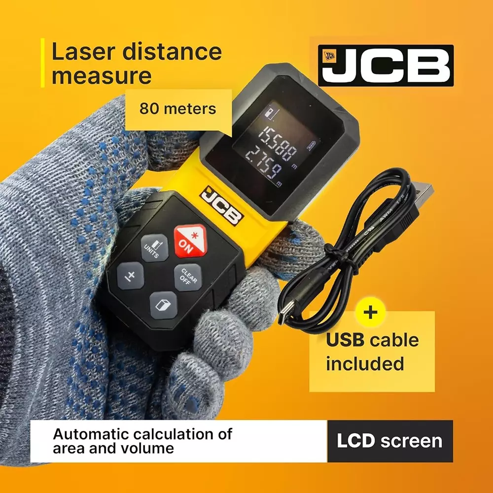 JCB Laser Distance Meter with Type‑C USB Cable Plastic 0 °C to 40 °C Operating Temperature Yellow, JCB-LDM-80