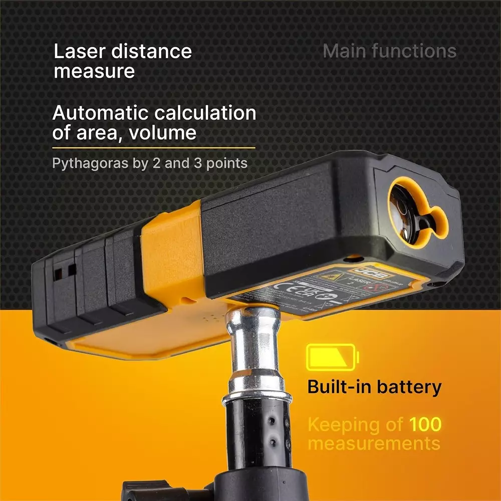 JCB Laser Distance Meter with Type‑C USB Cable Plastic 0 °C to 40 °C Operating Temperature Yellow, JCB-LDM-80
