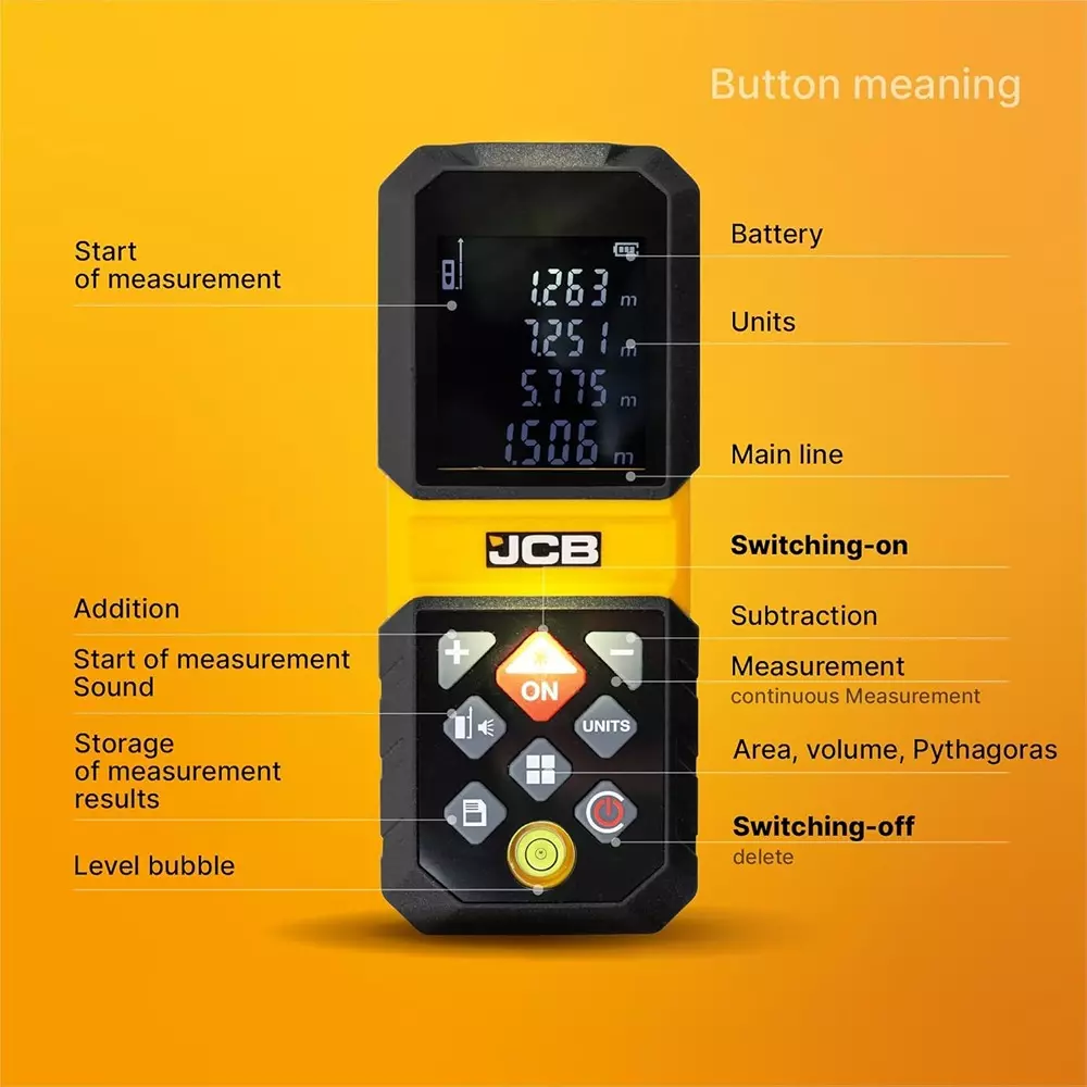 JCB Laser Distance Meter with Type‑C USB Cable Plastic 0 °C to 40 °C Operating Temperature Yellow, JCB-LDM-80