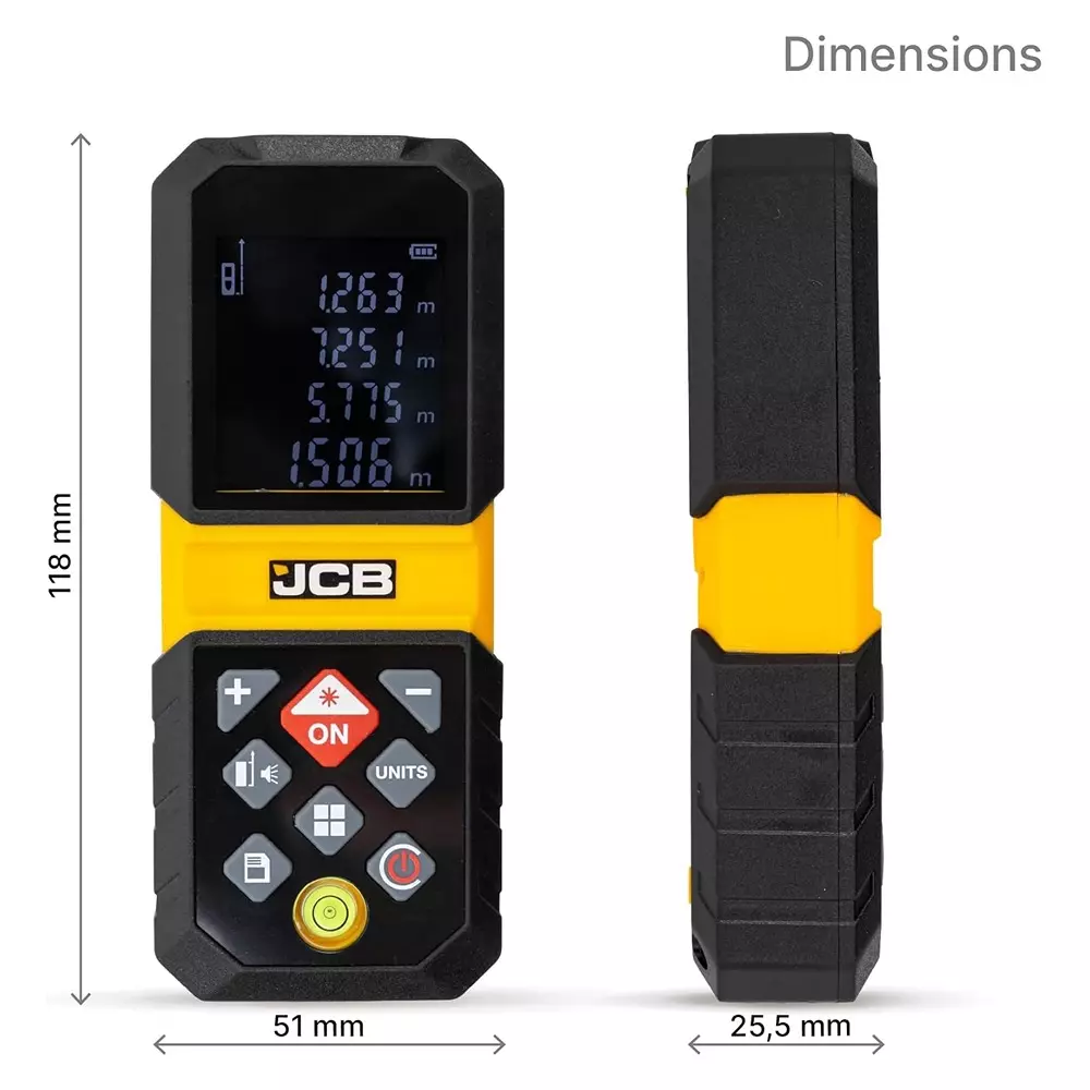 JCB Laser Distance Meter with Type‑C USB Cable Plastic 0 °C to 40 °C Operating Temperature Yellow, JCB-LDM-80