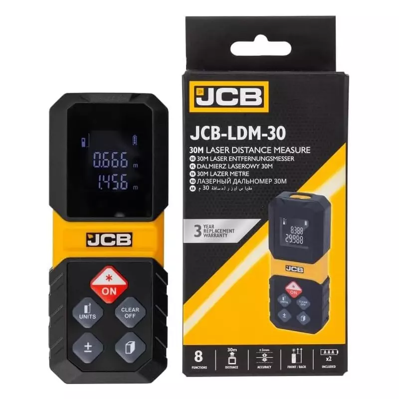 JCB Laser Distance Meter Plastic Included 2 × AAA Batteries Yellow ±3 mm Accuracy, JCB-LDM-30