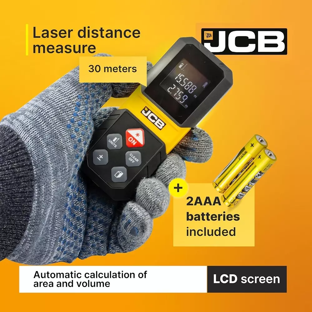 JCB Laser Distance Meter Plastic Included 2 × AAA Batteries Yellow ±3 mm Accuracy, JCB-LDM-30
