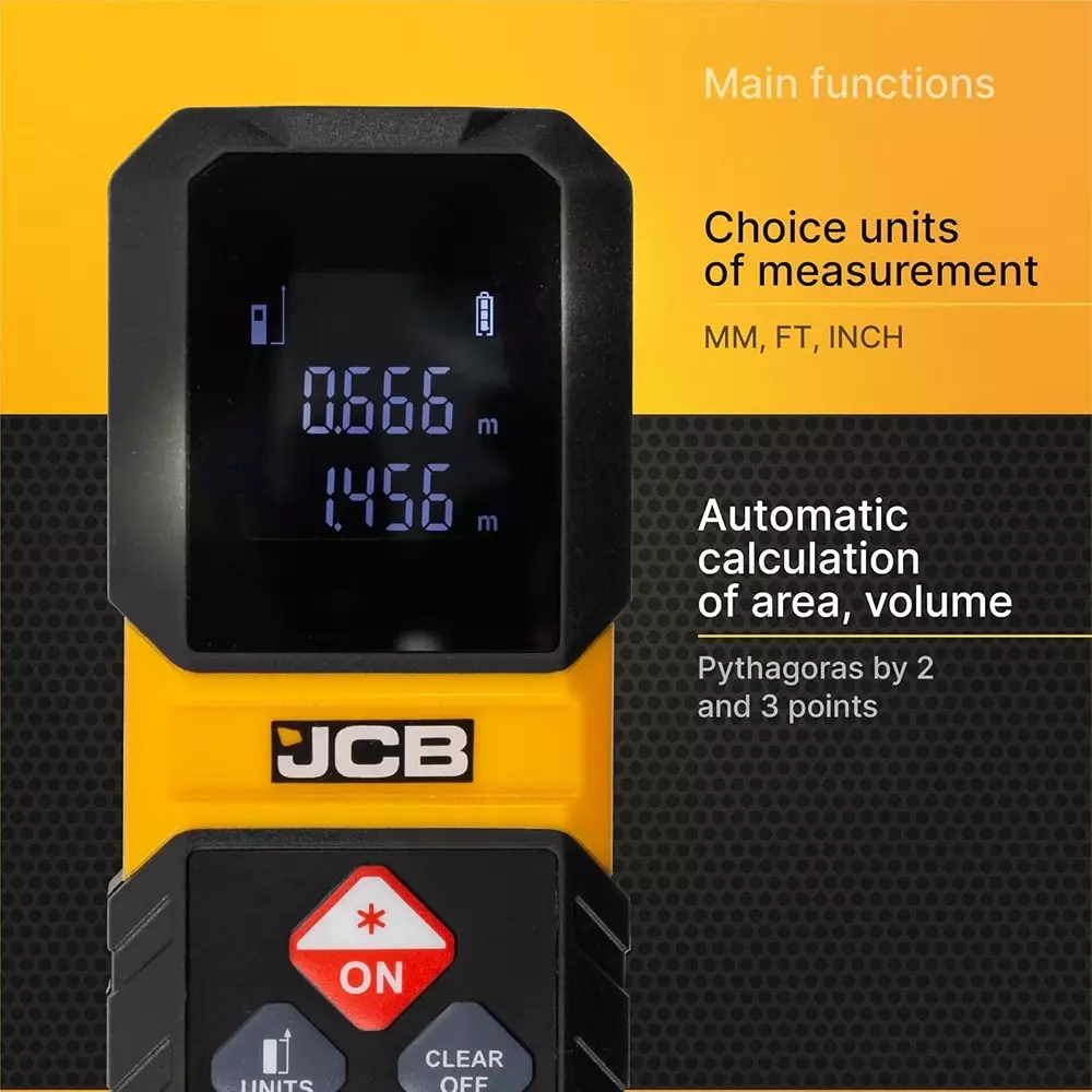 JCB Laser Distance Meter Plastic Included 2 × AAA Batteries Yellow ±3 mm Accuracy, JCB-LDM-30
