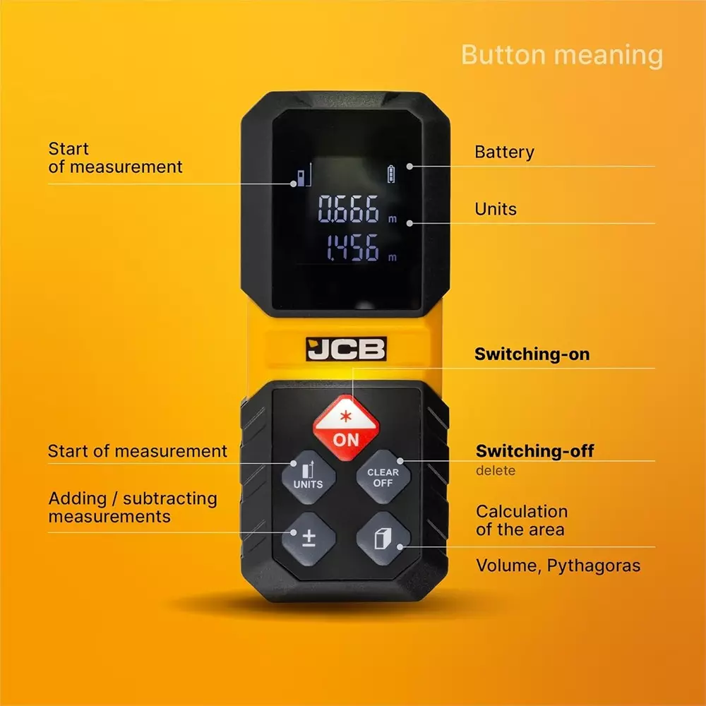 JCB Laser Distance Meter Plastic Included 2 × AAA Batteries Yellow ±3 mm Accuracy, JCB-LDM-30