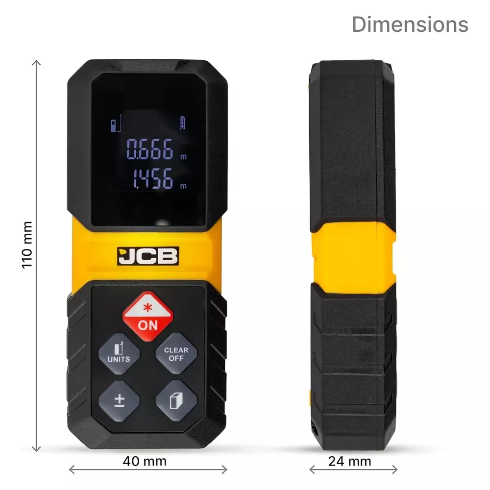 JCB Laser Distance Meter Plastic Included 2 × AAA Batteries Yellow ±3 mm Accuracy, JCB-LDM-30
