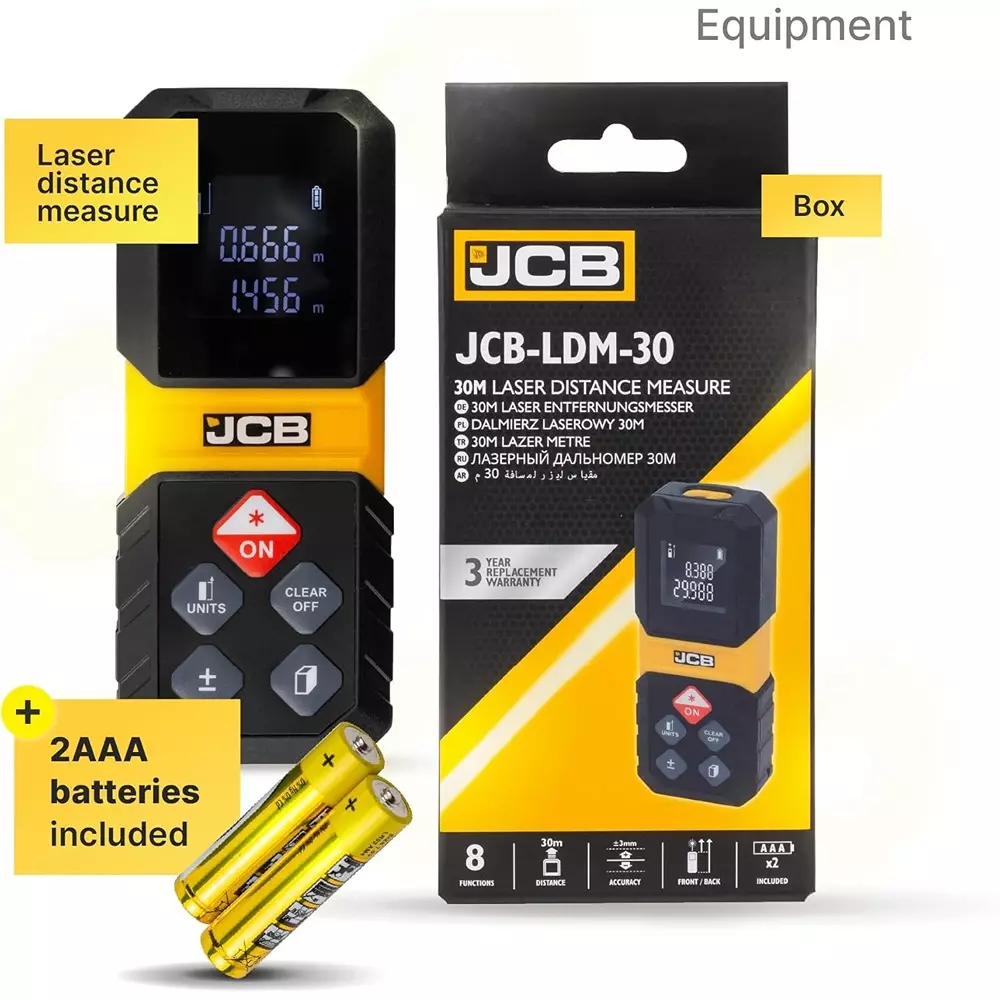 JCB Laser Distance Meter Plastic Included 2 × AAA Batteries Yellow ±3 mm Accuracy, JCB-LDM-30