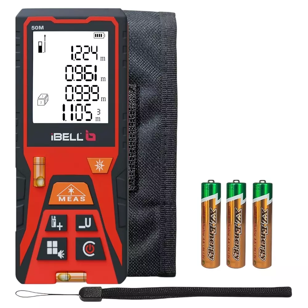 IBELL Laser Distance Meter 0.05-50 m Measurement Range ±2.0 mm Accuracy with 3 Pcs AAA Batteries, IBL DM50.02