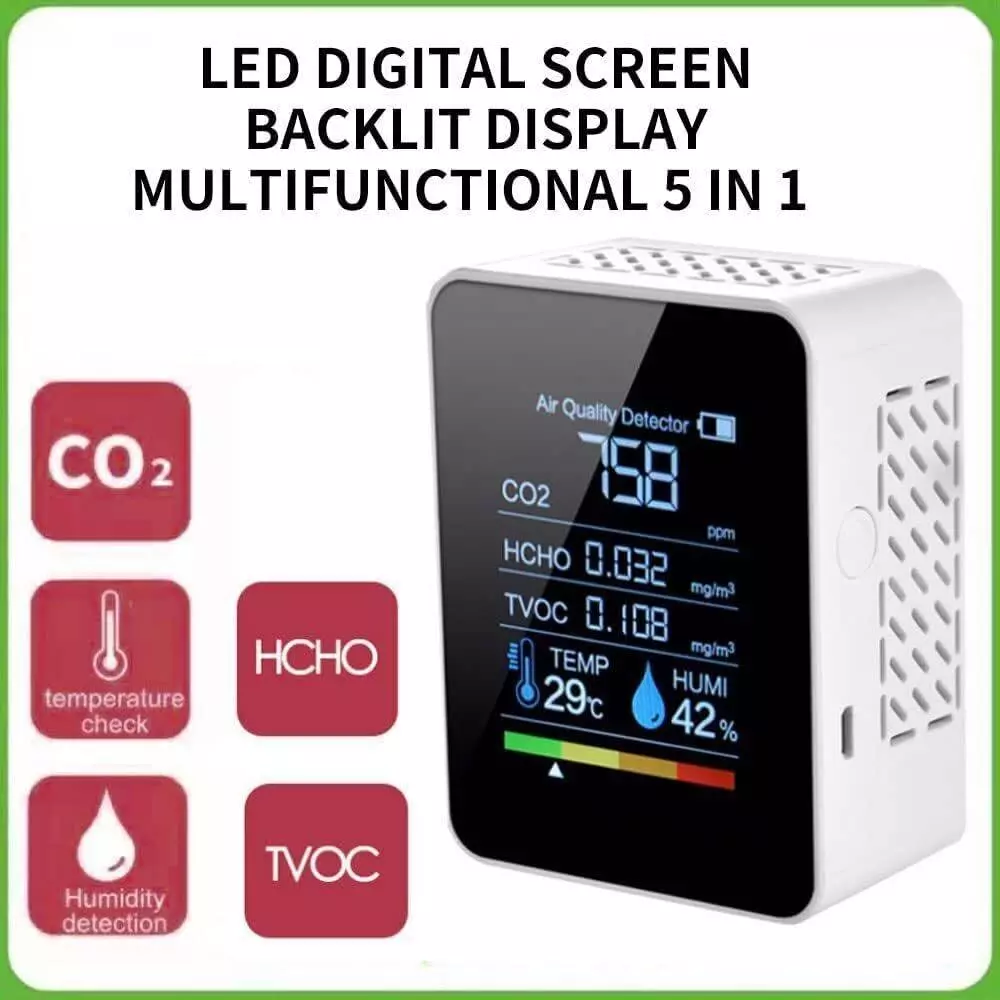 HSETIN 5 in 1 Air Quality Monitor with LCD Display and 0-1999 μg/m³ HCHO Accuracy, AQM 5 in 1