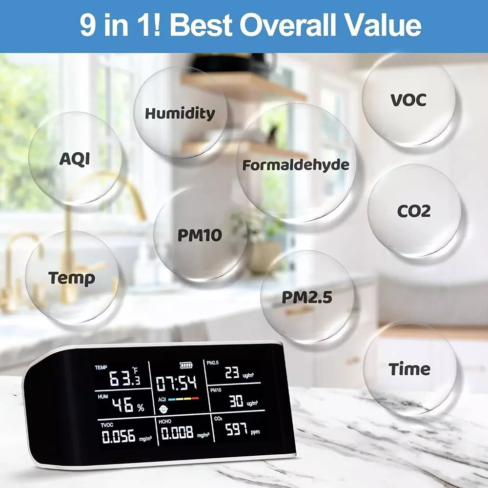 HSETIN 7 in 1 Air Quality Monitor Tester with PM2.5 Range and 0-999 μg/m³ Accuracy, PAQM 7 In 1