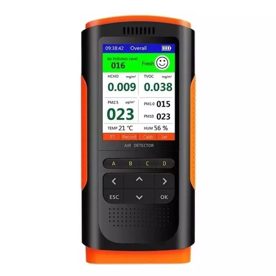 HSETIN Air Quality Detector 8-in-1 Battery Powered CO₂/TVOC/HCHO/PM 2.5/1.0/10 Detection Range, Orange & Black