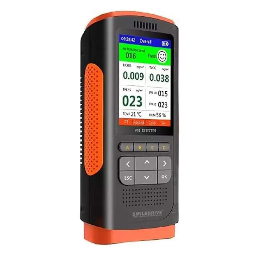 HSETIN Air Quality Detector 8-in-1 Battery Powered CO₂/TVOC/HCHO/PM 2.5/1.0/10 Detection Range, Orange & Black