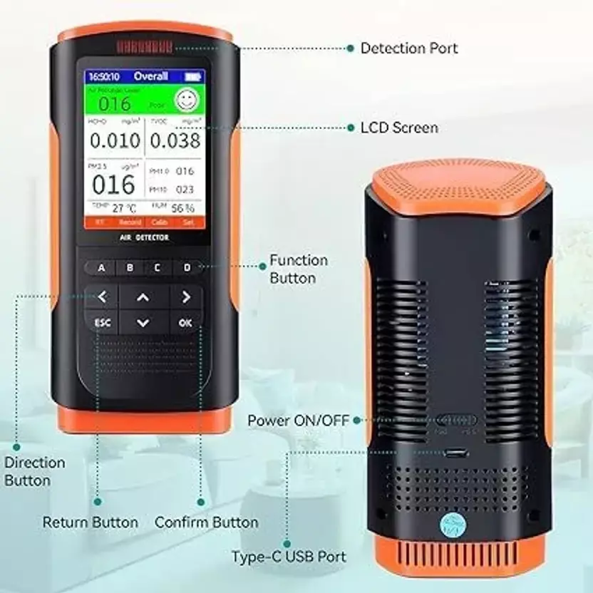 HSETIN Air Quality Detector 8-in-1 Battery Powered CO₂/TVOC/HCHO/PM 2.5/1.0/10 Detection Range, Orange & Black