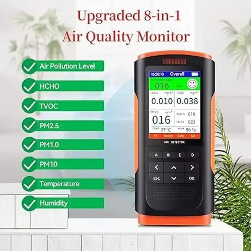 HSETIN Air Quality Detector 8-in-1 Battery Powered CO₂/TVOC/HCHO/PM 2.5/1.0/10 Detection Range, Orange & Black