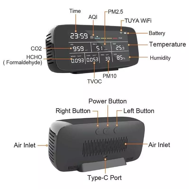 MxRady 10 in 1 Air Quality Meter Detects CO2, PM2.5/PM10, HCHO, TVOC, Temp, Humidity, Air Quality, AQM 10 In 1 With WIFI