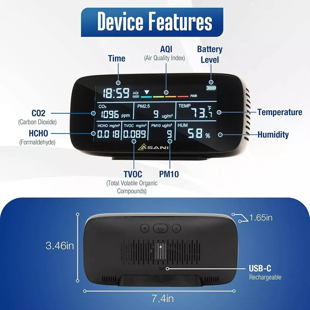 MxRady 10 in 1 Air Quality Meter Detects CO2, PM2.5/PM10, HCHO, TVOC, Temp, Humidity, Air Quality, AQM 10 In 1 With WIFI