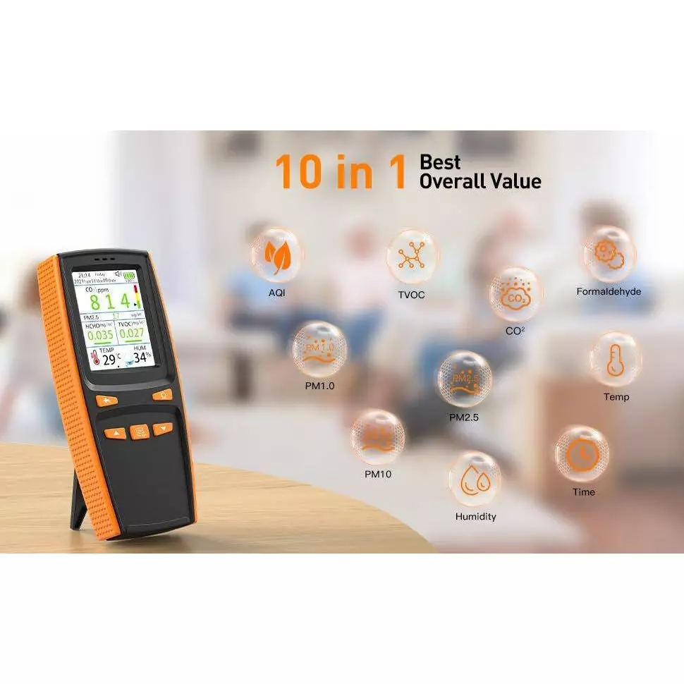 MxRady 10 in 1 Air Quality Monitor Detects CO2, PM2.5/10/1.0, HCHO, TVOC, Temperature, Humidity and AQI, AQM 10 IN 1