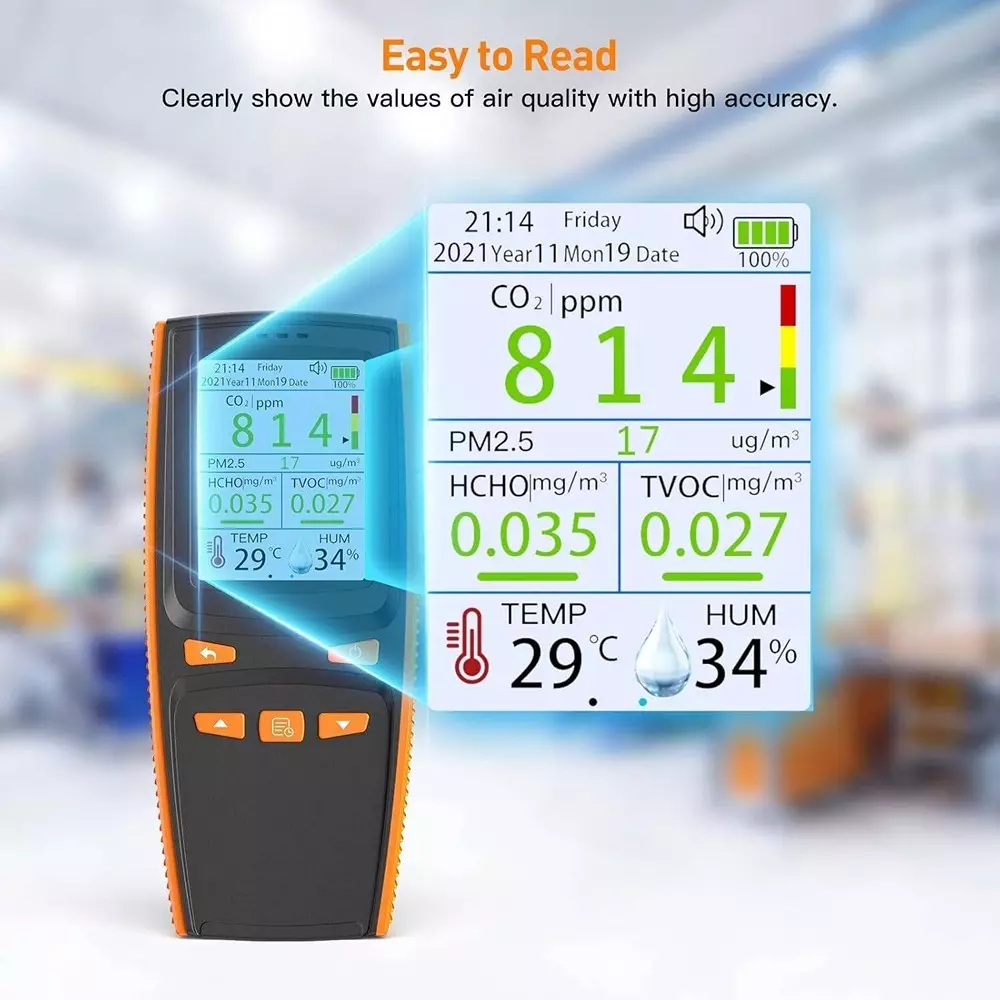 MxRady 10 in 1 Air Quality Monitor Detects CO2, PM2.5/10/1.0, HCHO, TVOC, Temperature, Humidity and AQI, AQM 10 IN 1
