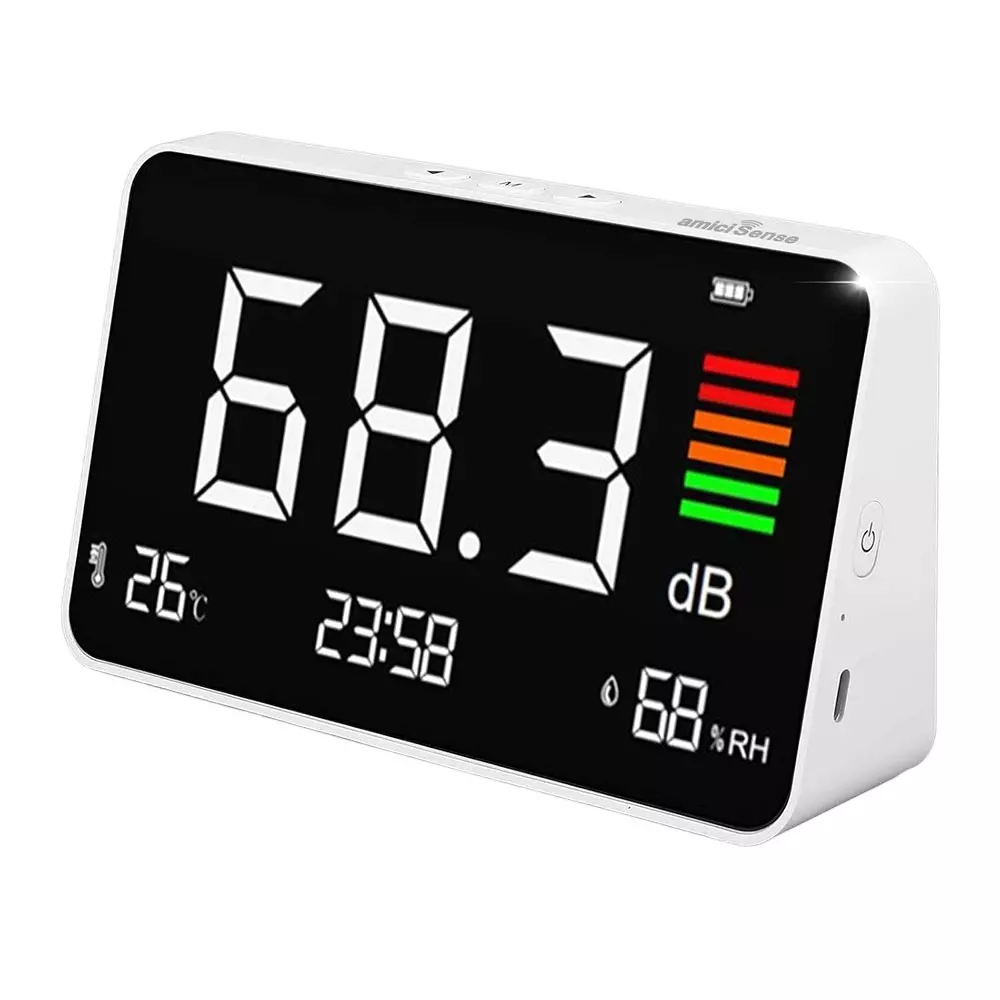 amiciSense 4-in-1 Decibel Meter with LED Display Temperature & Humidity Monitor 30–130 dBA Type-C Rechargeable 2000 mAh Battery, 1xDNM-DM219N