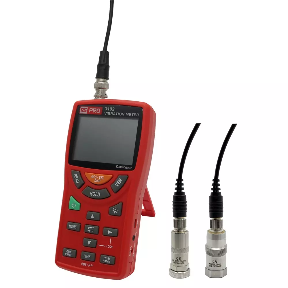 RS PRO Vibration Meter LCD AA 0.001 mm Tactile 100 mm Acceleration, Displacement, Velocity, 2543502