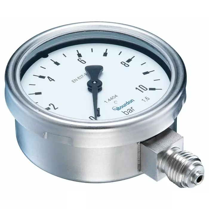 Bourdon G 1/4 Analogue Pressure Gauge 1 Bar Bottom Entry 63 mm Outside Diameter With RS Calibration, MEX3D20B15