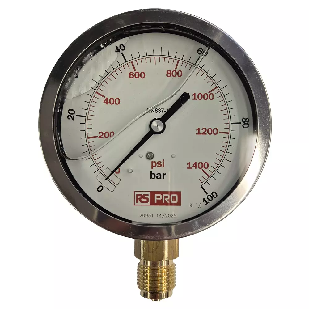 RS PRO Pressure Gauge 0 bar to 100 bar Stainless Steel 100 mm OD Bottom Entry Mount, 152294