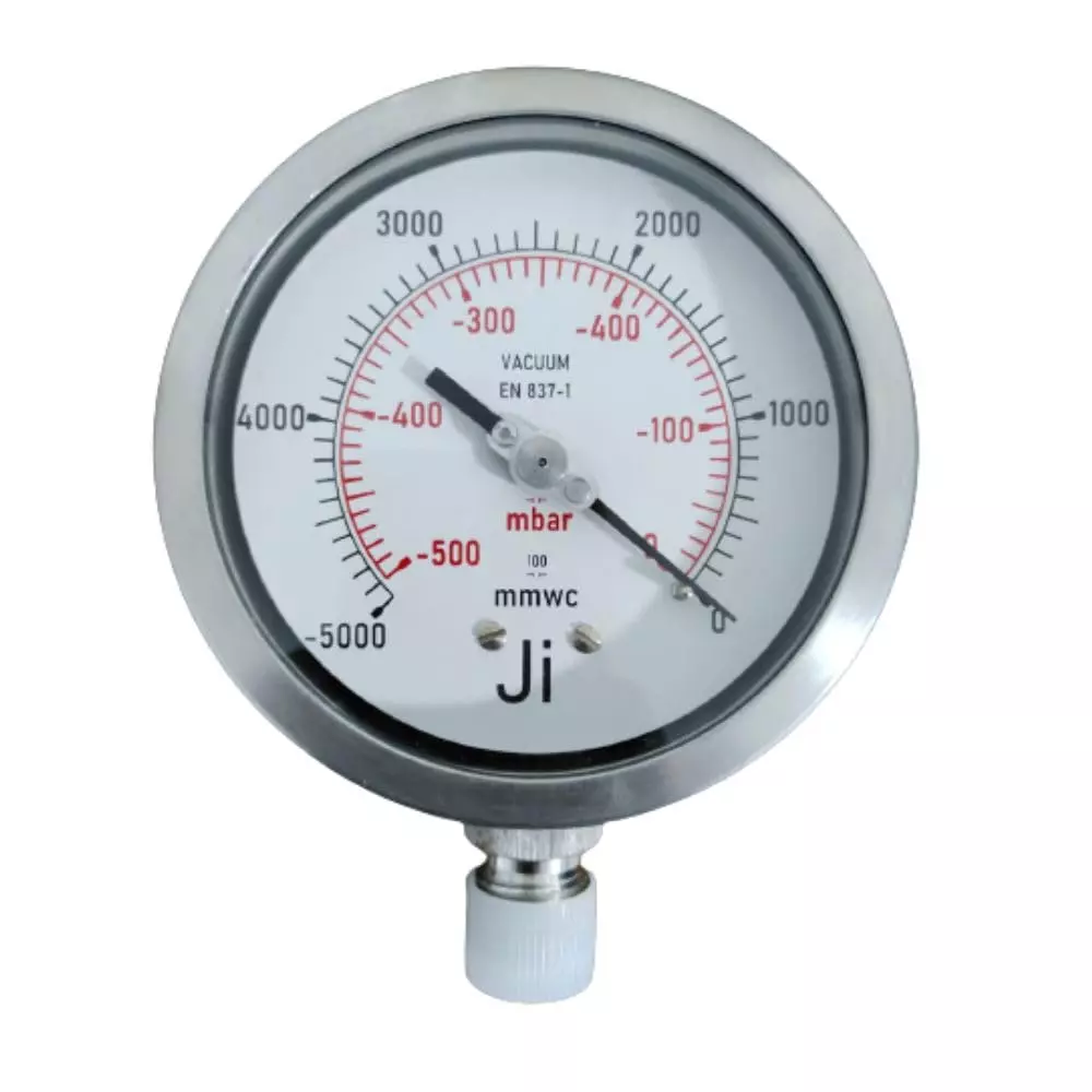 Japsin Instrumentation Industrial Capsule Vacuum Gauge Analog Display -5000 mmWc to 0 Range 100 mm Dial Size for Industrial Use